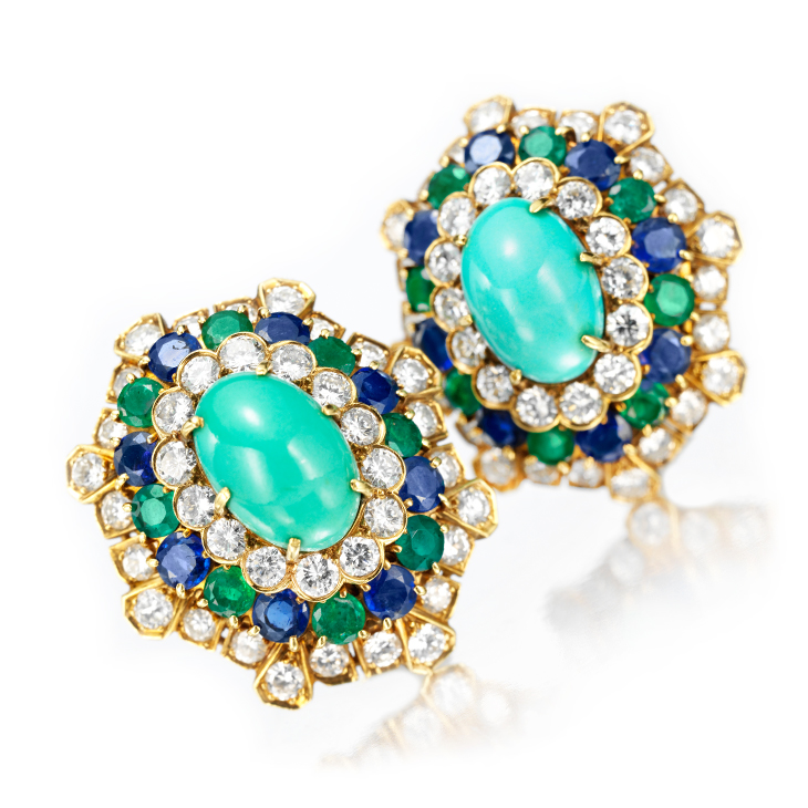 A Pair of Turquoise, Emerald and Sapphire Ear Clips, by Van Cleef & Arpels, circa 1960