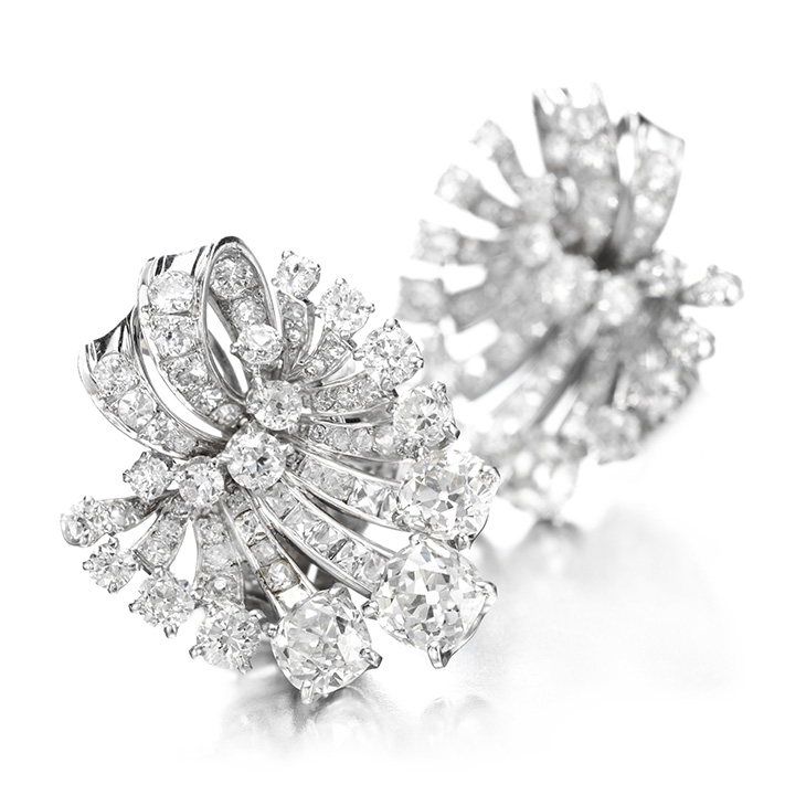 A Pair of Diamond and Platinum Ear Clips, by Van Cleef & Arpels, circa 1946