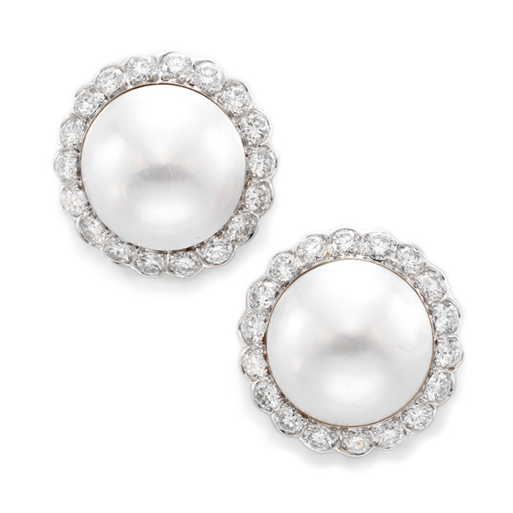 A Pair of Mabe Pearl and Diamond Ear Clips, Van Cleef & Arpels