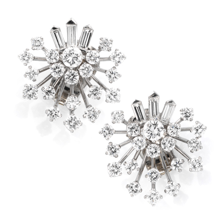 A Pair of Diamond and Platinum Ear Clips, by Van Cleef & Arpels, circa 1950