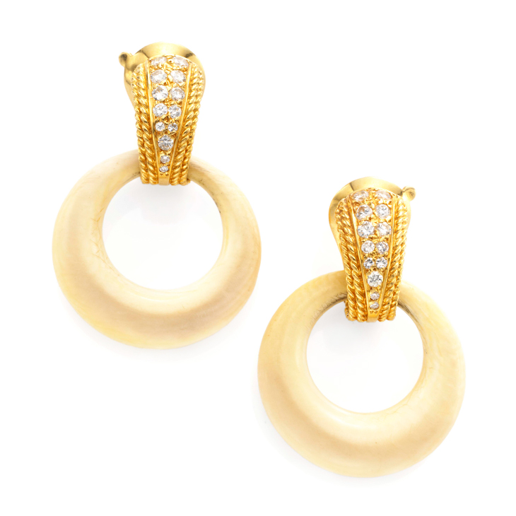 A Pair of Ivory and Diamond Ear Pendants, by Van Cleef & Arpels