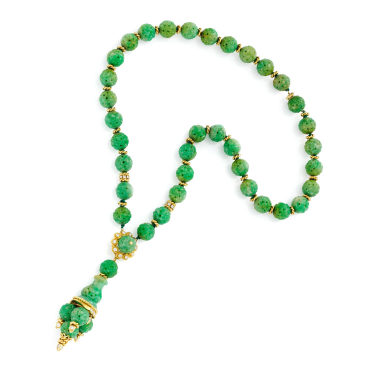 A Carved Jade, Diamond and Gold Sautoir, by Van Cleef & Arpels, circa 1970