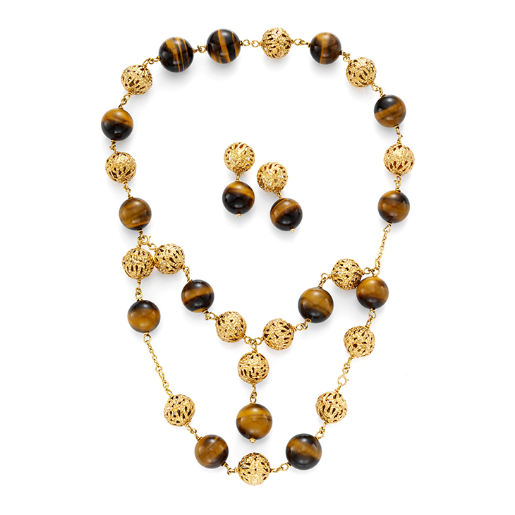 A Tiger’s Eye and Gold Necklace and Ear Clips, by Van Cleef & Arpels