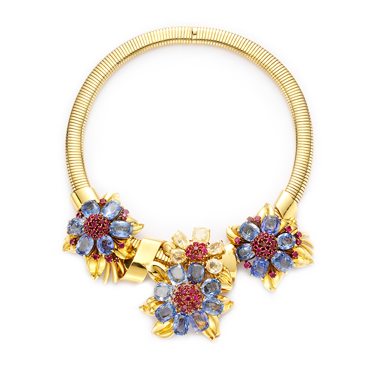 A Retro Blue and Yellow Sapphire, Ruby and Gold 'Passe-Partout' Necklace, by Van Cleef & Arpels, circa 1940