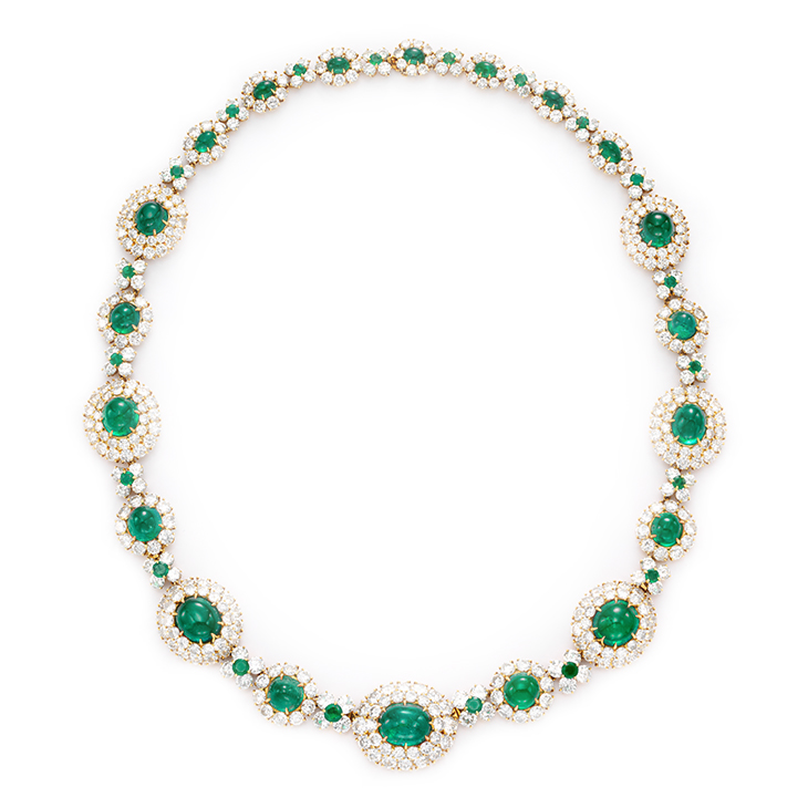 A Cabochon Emerald and Diamond Sautoir, by Van Cleef & Arpels, circa 1965.Emeralds weighing approximately 97.19 carats, Diamonds weighing approximately 116.50 carats