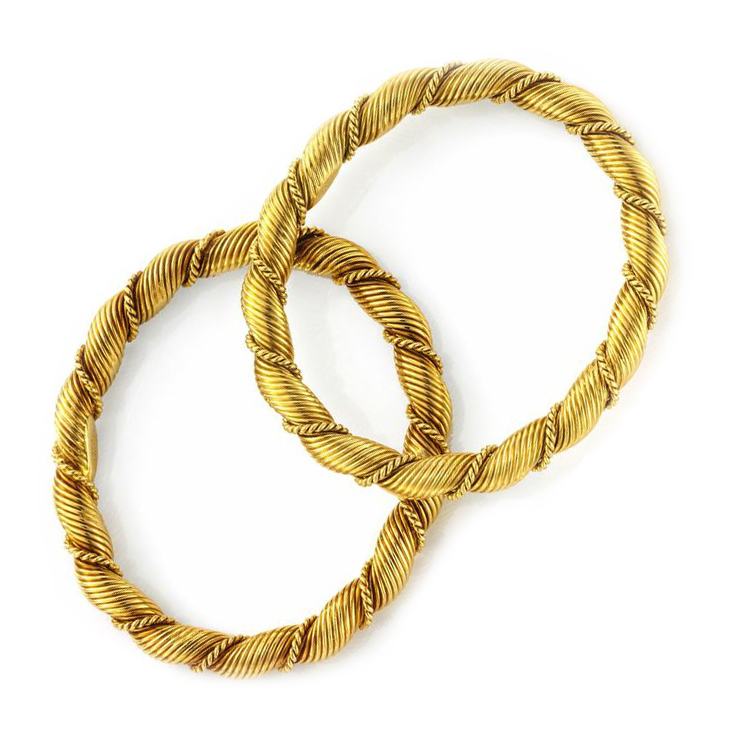 A Pair of Gold Twist Bangles, circa 1970