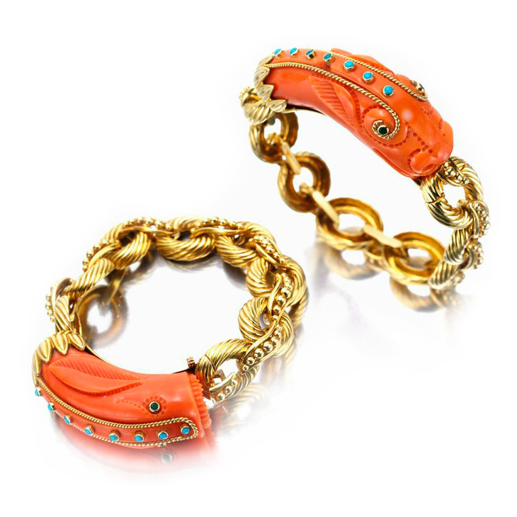 A Pair of Carved Coral, Diamond and Gold Figural Bracelets, by Van Cleef & Arpels, circa 1970