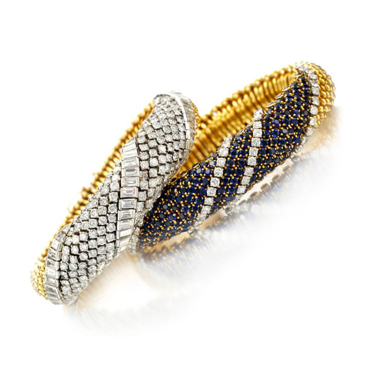 A Pair of Diamond, Sapphire and Gold ‘Couscous’ Bracelets, by Van Cleef & Arpels, circa 1960