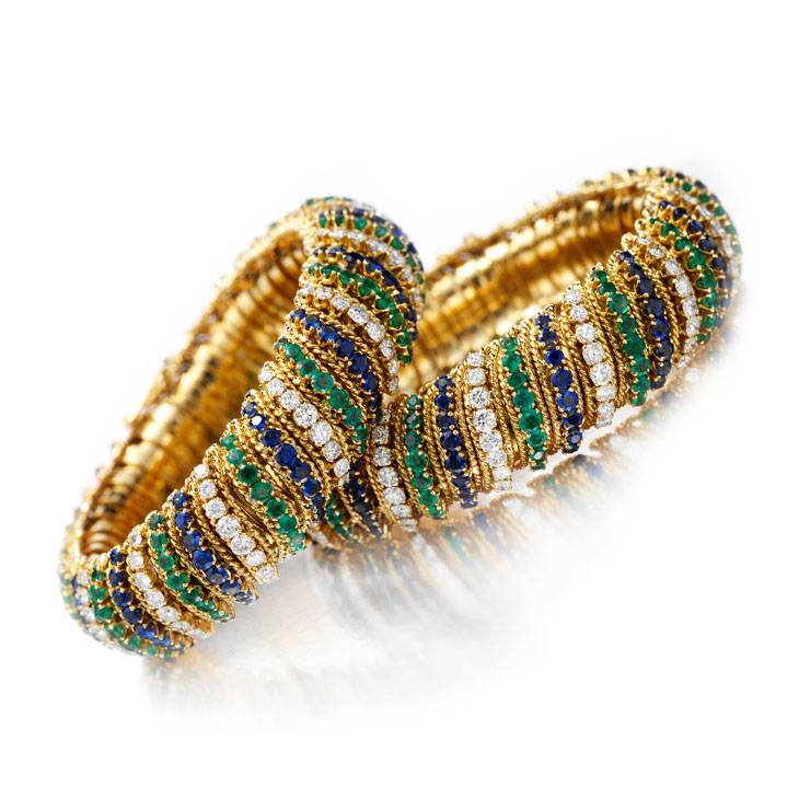 A Pair Emerald, Sapphire and Diamond Bracelets, by Van Cleef & Arpels, circa 1960