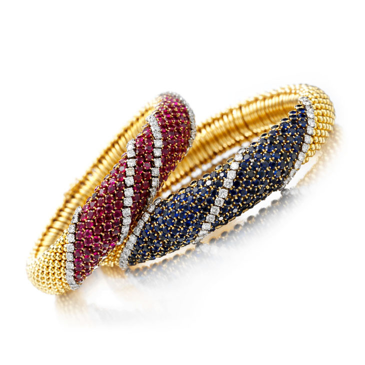 A Pair of Sapphire, Ruby and Diamond Bracelets, by Van Cleef & Arpels, circa 1960