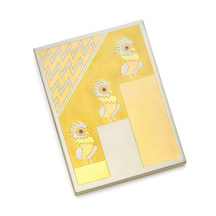 An Art Deco Tri-colored Gold Parrots Cigarette Case, by Van Cleef & Arpels, circa 1935