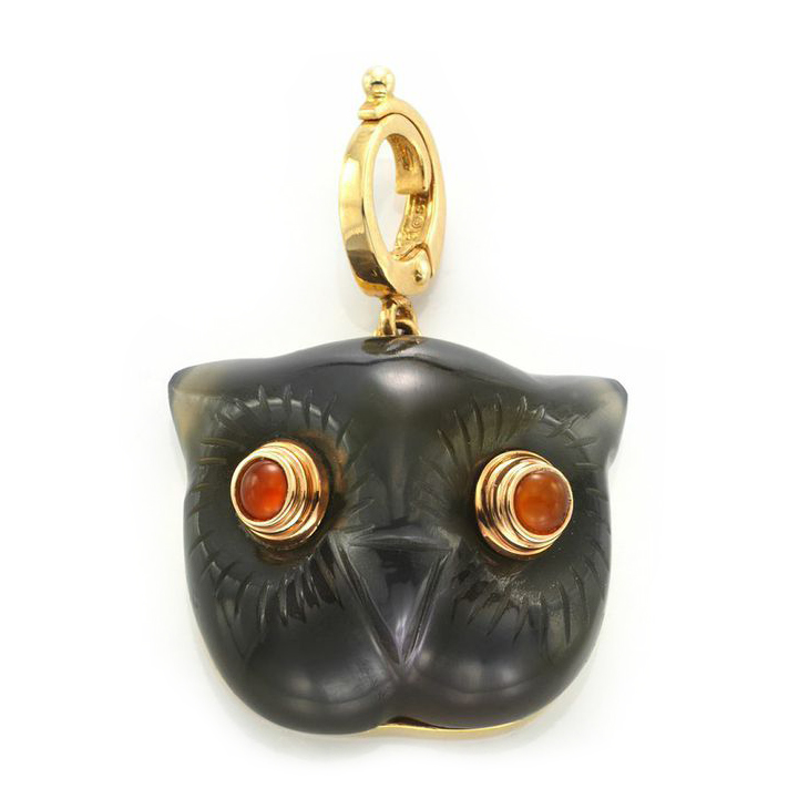 A Carved Agate, Coral and Gold Owl Charm, by Cartier, circa 1960