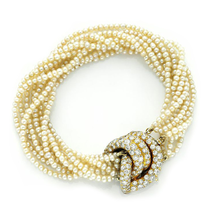 A Natural Seed Pearl, Gold and Diamond Bracelet, by Van Cleef & Aprels, circa 1945