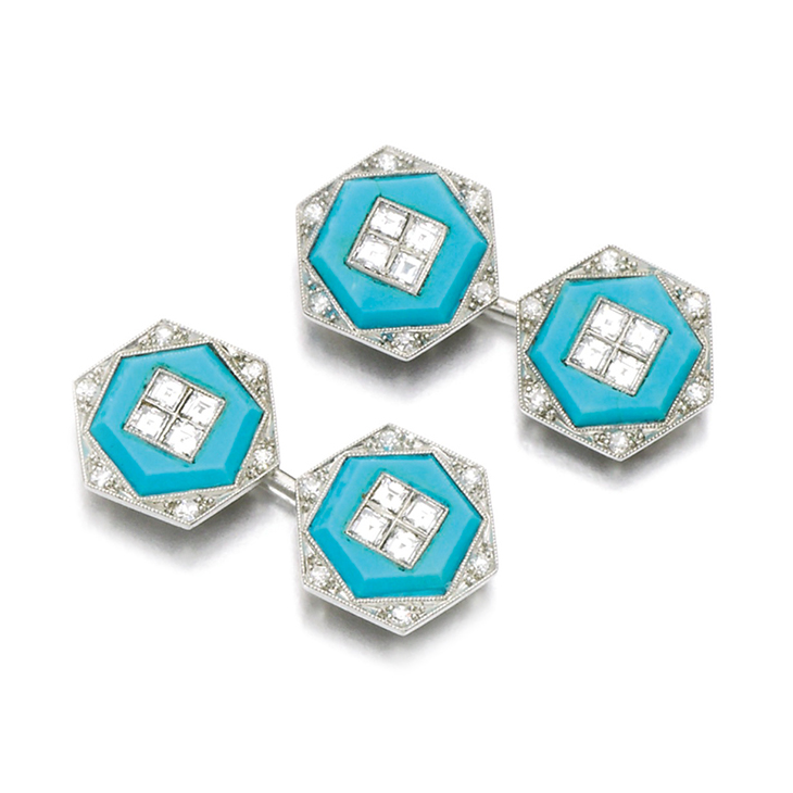 A Pair of Turquoise and Diamond Cufflinks, by Cartier