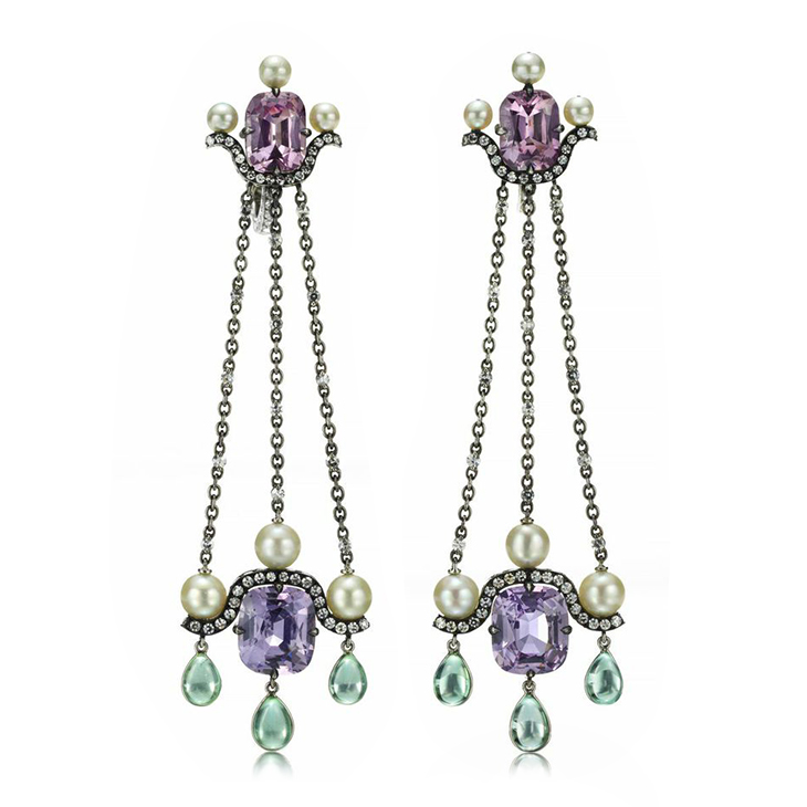 A Pair of Spinel, Natural Pearls, Tourmaline, and Diamond Ear Pendants, by Nadia Morgenthaler
