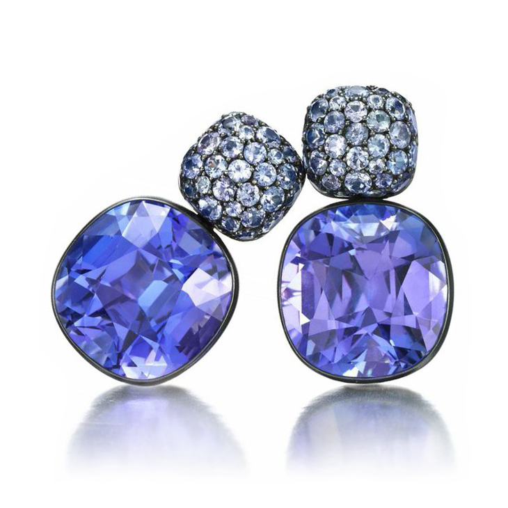 A Pair of Tanzanite and White Gold Ear Pendants, by Hemmerle