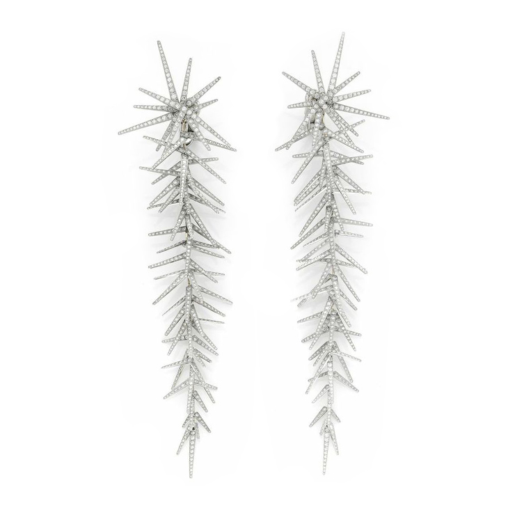 A Pair of Diamond and Platinum Ear Pendants, by SABBA