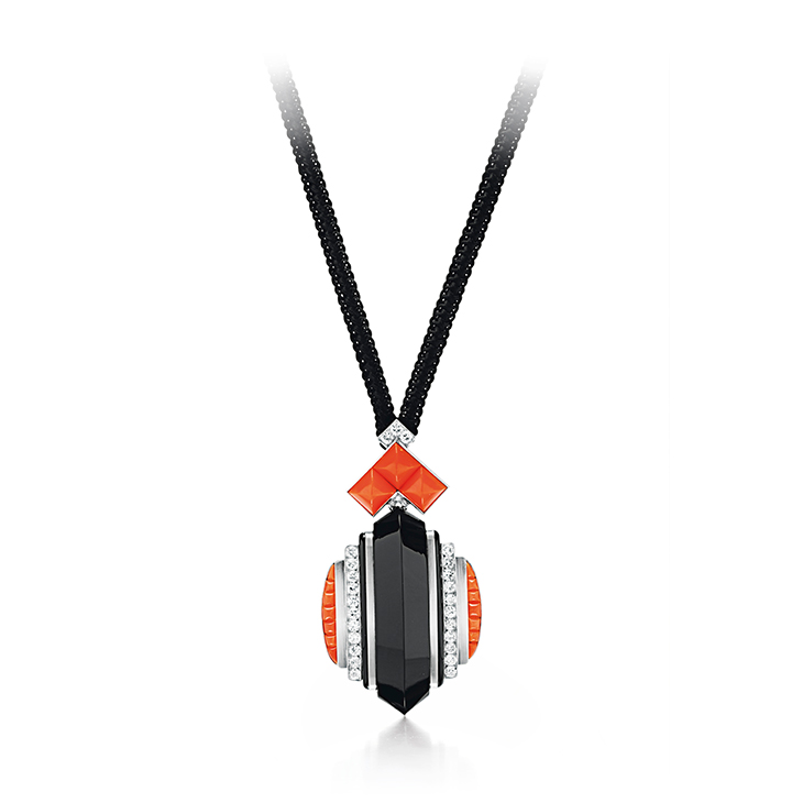 An Art Deco Onyx, Coral and Diamond Pendant, by Rene Boivin