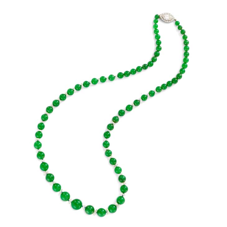 A Natural Jade and Diamond Bead Necklace