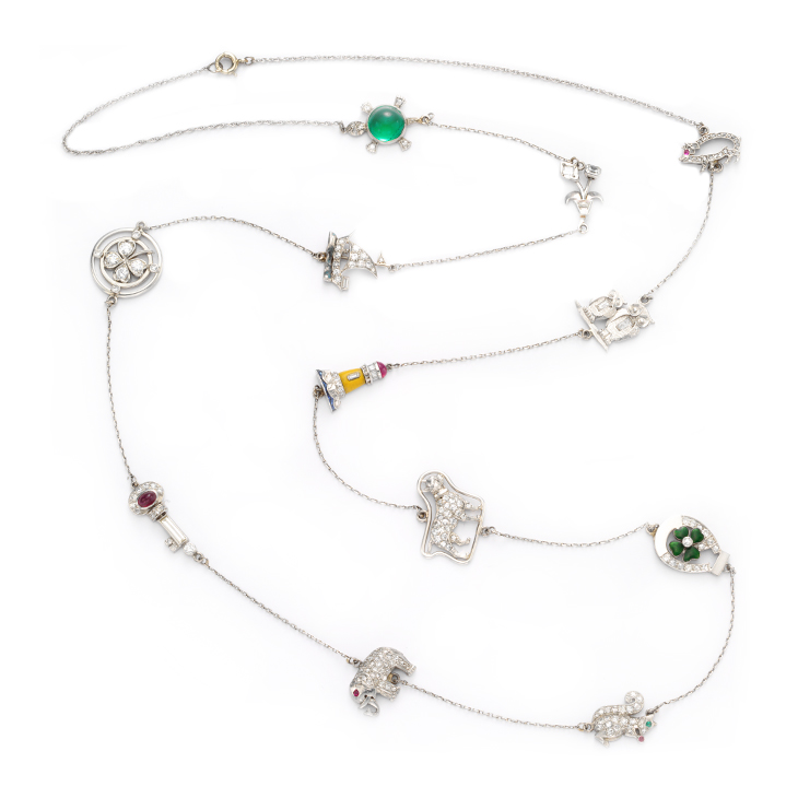 A Multi-gem, Enamel and Diamond Charm Necklace