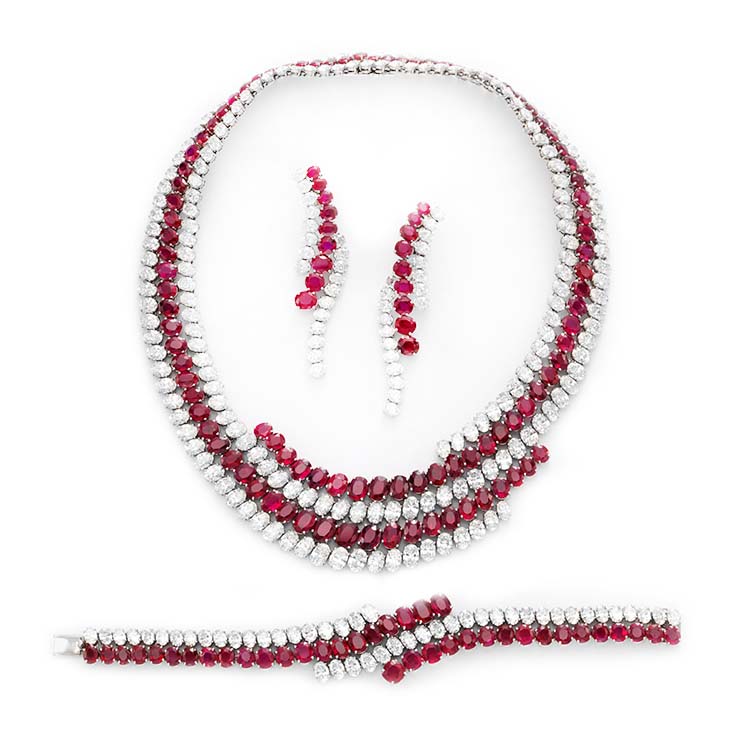 A Suite of Burmese Ruby and Diamond Jewelry. Rubies weighing approximately 151.99 carats