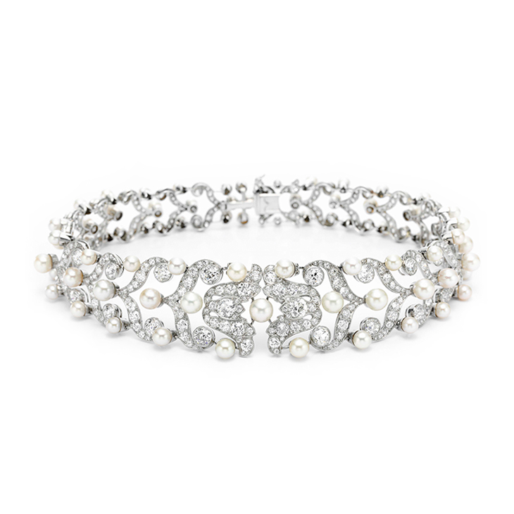 A Belle Epoque Natural Pearl and Diamond Choker Necklace, circa 1905