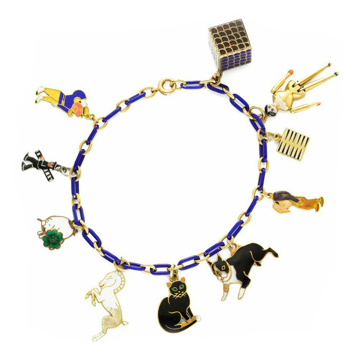 An Art Deco Enamel, Multi-gem and Gold Charm Bracelet, circa 1930