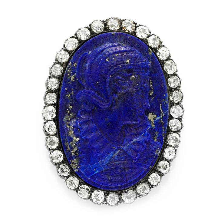 A Carved Lapis Lazuli and Diamond Cameo Pin, circa 19th Century
