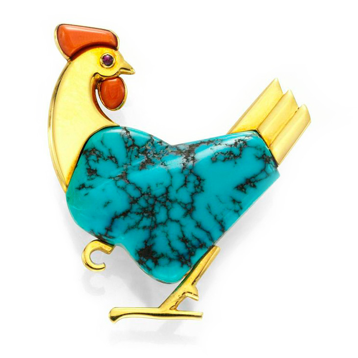 A Multi-gem and Diamond Rooster Brooch, by Marchak, circa 1950