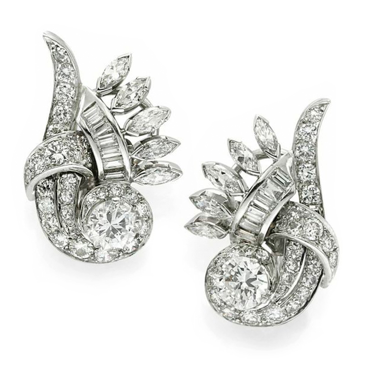 A Pair of Retro Diamond and Platinum Scroll Ear Clips, circa 1945