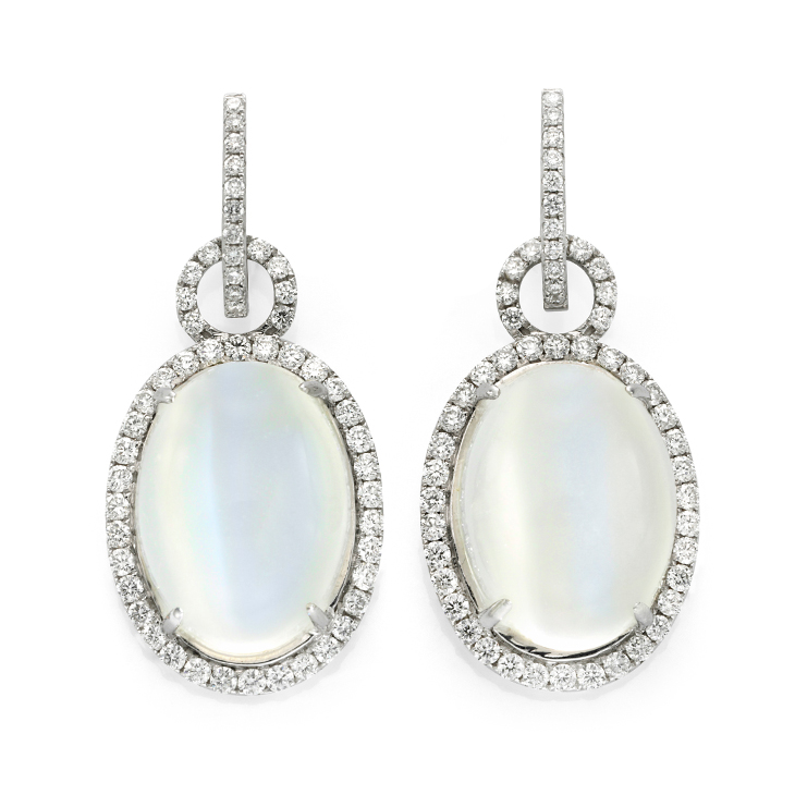 A Pair of Moonstone and Diamond Ear Pendants