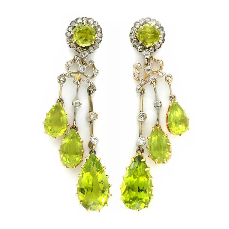 A Pair of Antique Peridot and Diamond Ear Pendants, circa 1900