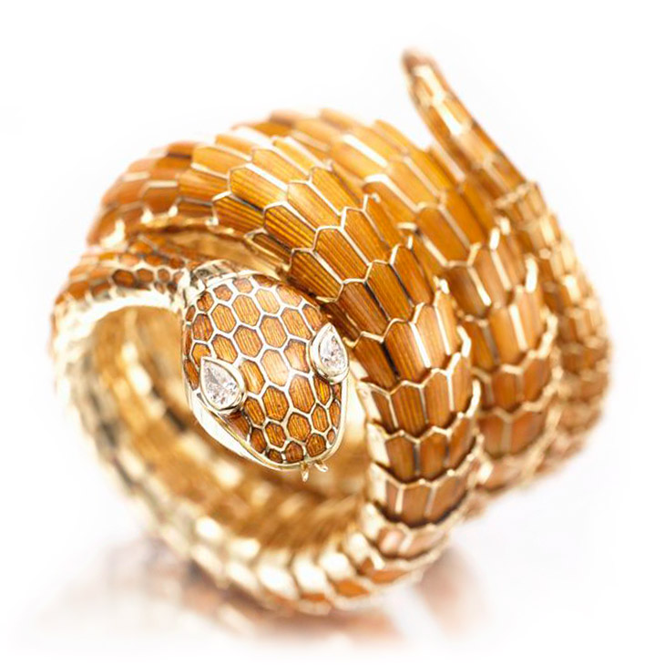 An Enamel, Gold and Diamond Serpent Bracelet Watch, by Bulgari, circa 1960