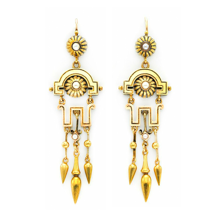 A Pair of Antique Gold, Enamel and Seed Pearl Ear Pendants, circa 19th Century