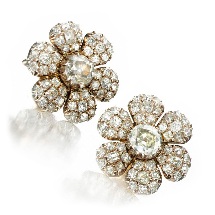 A Pair of Antique Flower Diamond Ear Clips, circa 19th Century