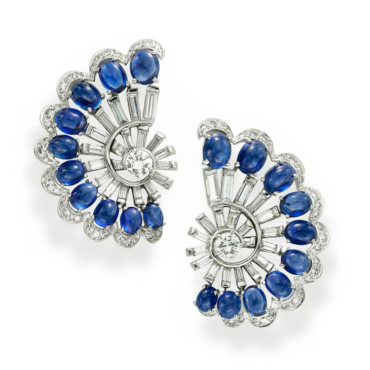A Pair of Sapphire and Diamond Ear Clips, by Meister, circa 1950