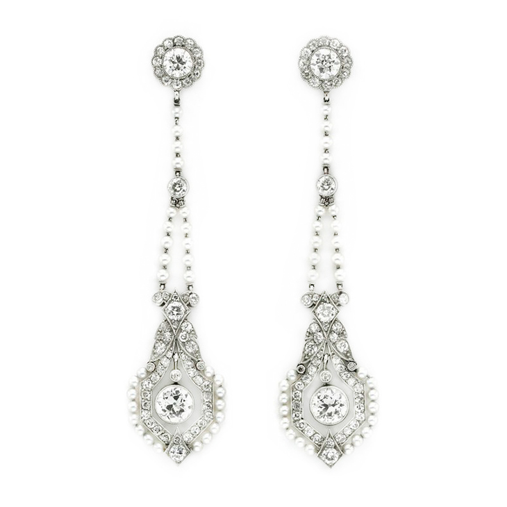 A Pair of Belle Epoque Seed Pearl and Diamond Ear Pendants, circa 1910
