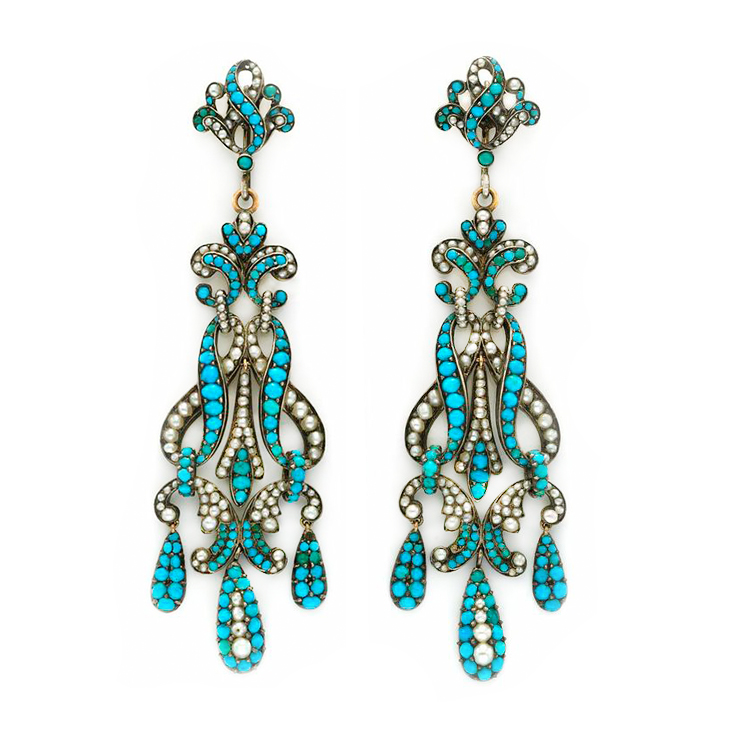 A Pair of Seed Pearl, Turquoise and Silver Ear Pendants, circa 19th Century