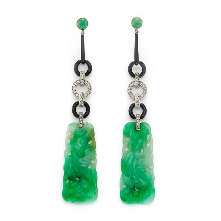 A Pair of Jade, Onyx and Diamond Ear Pendants, circa 1920