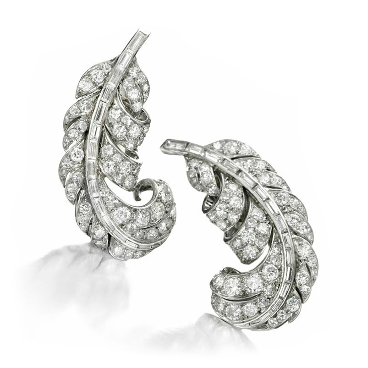A Pair of Diamond and Platinum Feather Ear Clips, by Boucheron, circa 1940