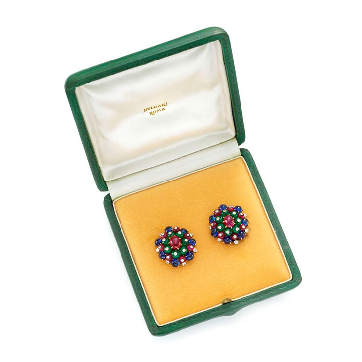 A Pair of Multi-gem and Diamond Ear Clips, by Bulgari, circa 1960