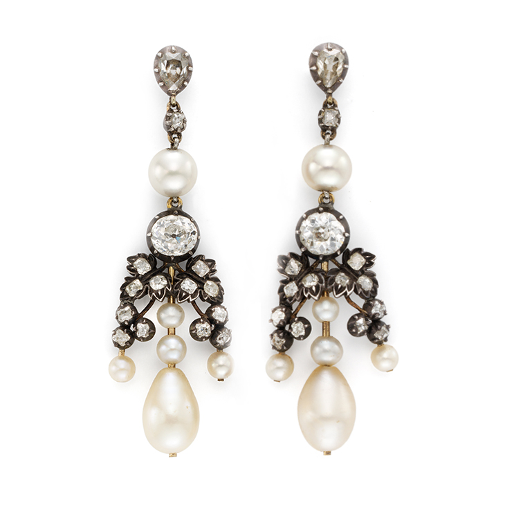 A Pair of Antique Natural Pearl and Diamond Ear Pendants, 19th Century