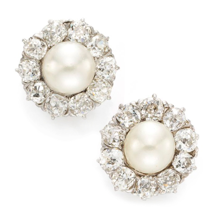A Pair of Natural Pearl and Diamond Ear Clips