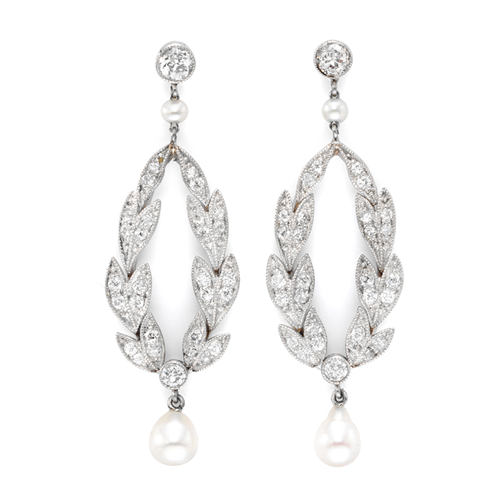 A Pair of Diamond and Pearl Ear Pendants