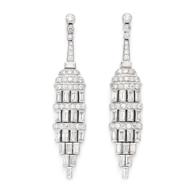 A Pair of French Art Deco Diamond Ear Pendants