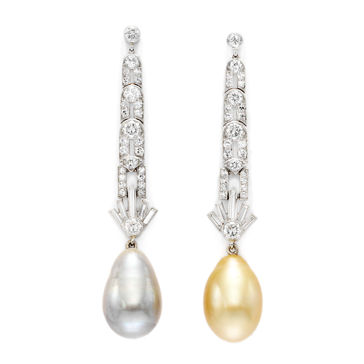 A Pair of Art Deco Natural Pearl and Diamond Ear Pendants