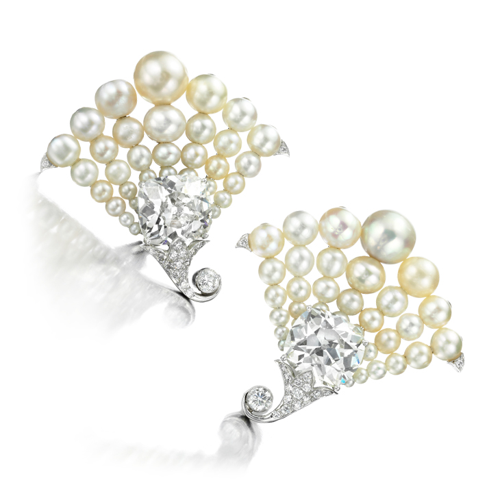 A Pair of Natural Pearl and Diamond Ear clips, by Bhagat