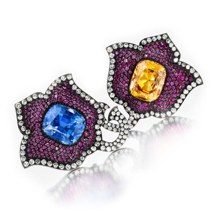 A Pair of Sapphire, Ruby and Diamond Ear Clips, by JAR