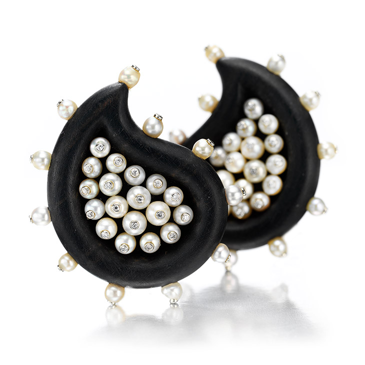 A Pair of Pearl, Diamond and Ebony Ear Clips, by JAR
