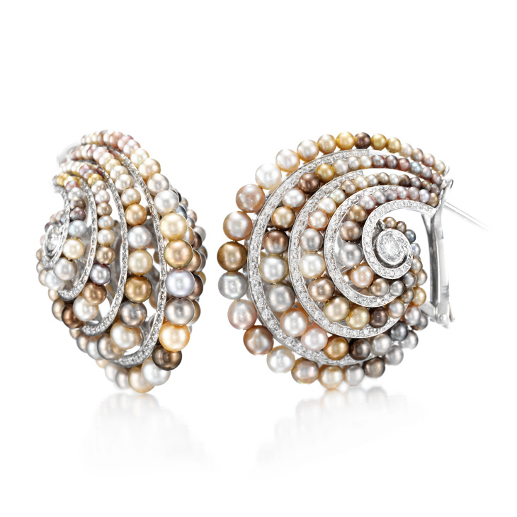 A Pair of Multi-colored Natural Pearl and Diamond Ear clips, by Bhagat